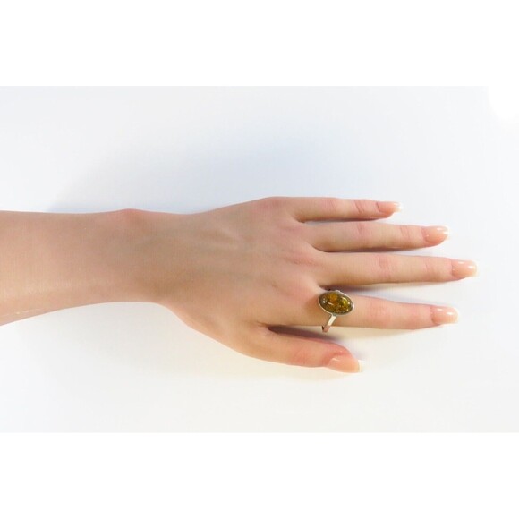 Honey Yellow Oval Amber Ring Sterling Fancy European Style Setting  Sz 8 - Picture 2 of 7